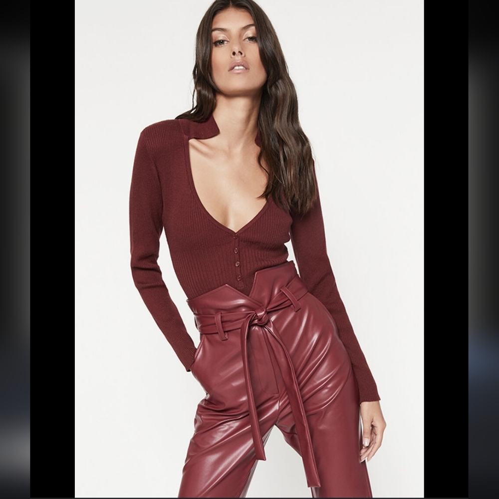 New Bardot Collar Rib Knit Long Sleeve Collar Bodysuit Burgundy Deep V-Neck